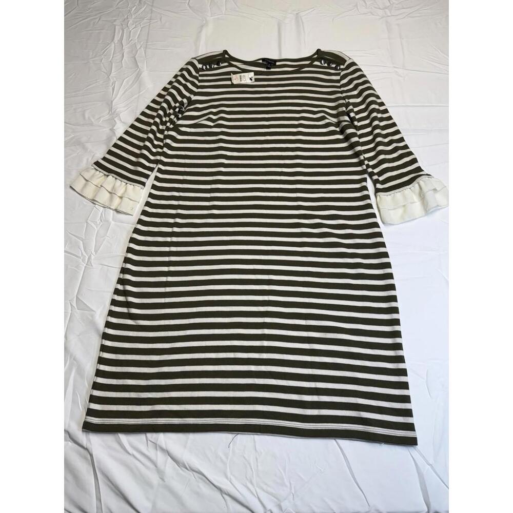 Preppy NWT Talbots Womens Green Stripe Dress Sz M Cotton 3/4 Ruffle Bell Sleeve